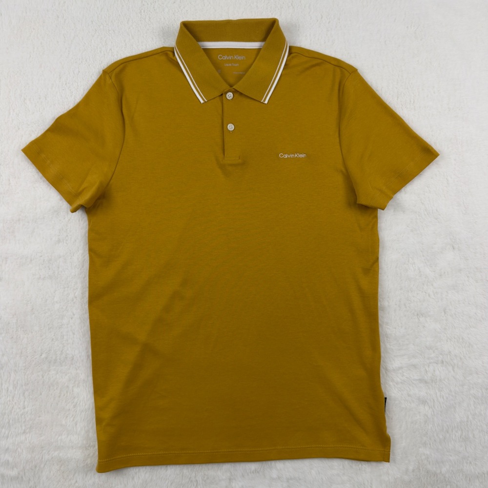 Calvin Klein Mens Liquid Touch Polo Shirt Mustard Yellow Cotton Short Sleeve S